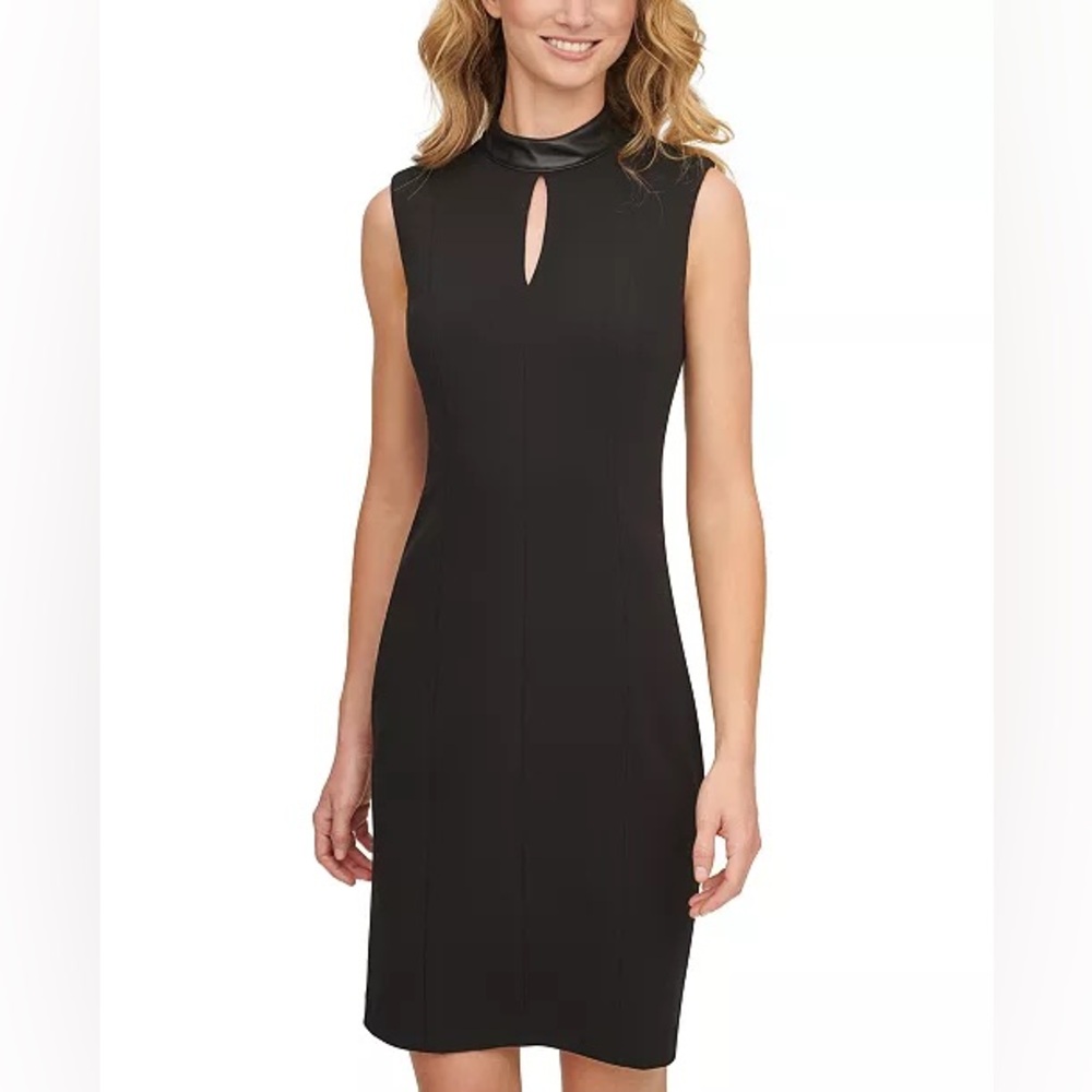 Calvin Klein Faux-Leather-Trim Sheath Dress NWT